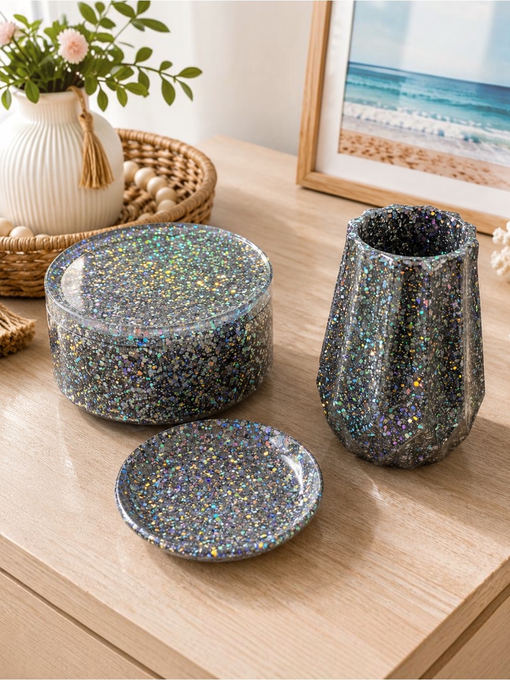 Multicolor Glitter Resin Decorative Storage Set - Black Base